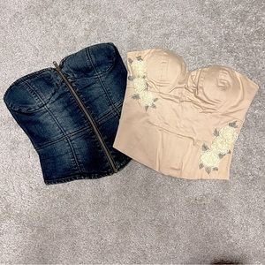 Two for one deal denim and beige floral corset tops